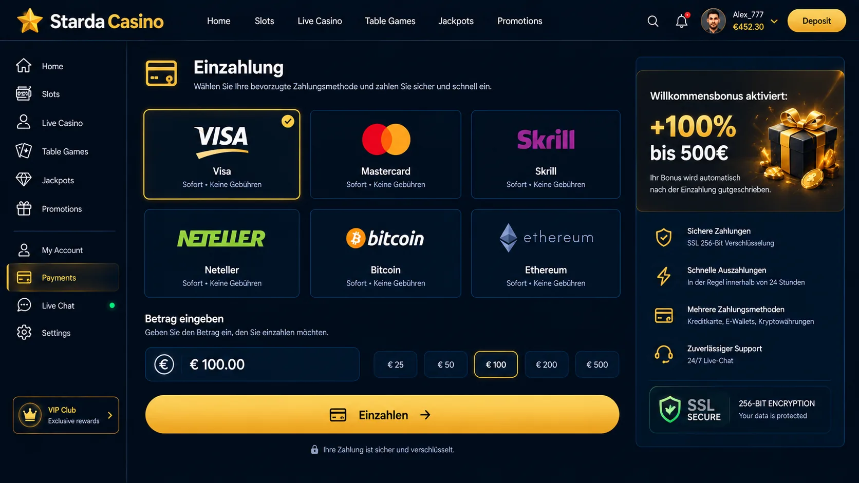 Depósitos Goldex Casino — Métodos, límites y bonos